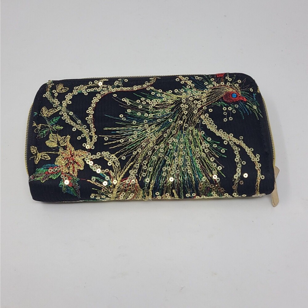 Peacock Embroidery Sequin Clutch Wallet Long Zipper 8.5"